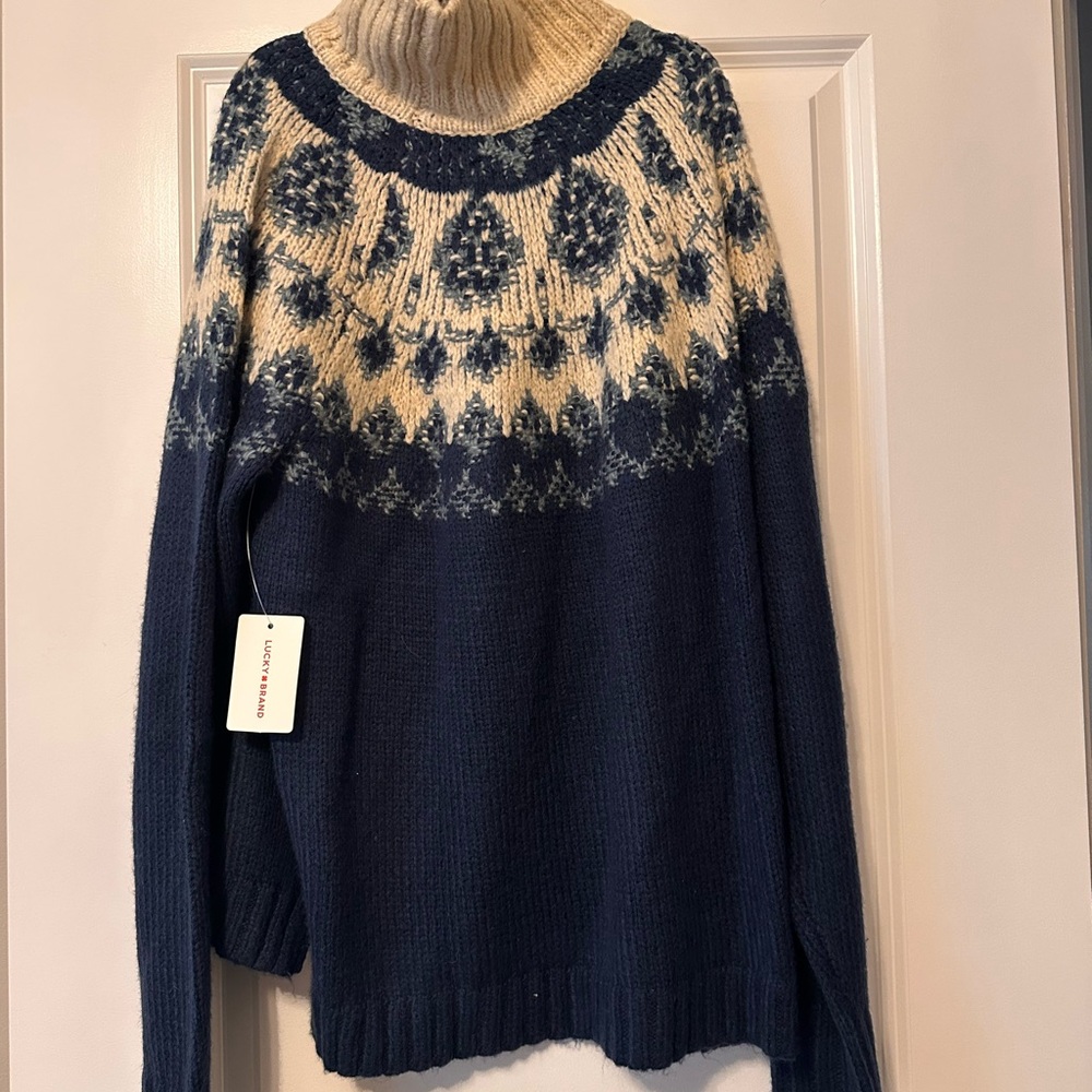 Lucky Brand Navy and Cream Cowl Neck Sweater